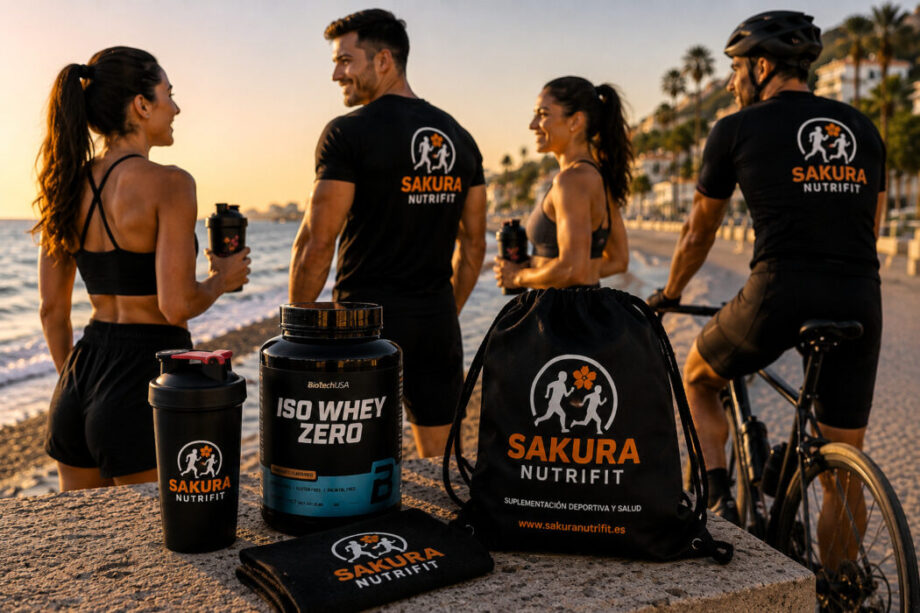 Deportistas entrenando en verano junto al mar mientras utilizan suplementos deportivos de Sakura Nutrifit para hidratación, recuperación y rendimiento. Imagen promocional de suplementación deportiva en Torrijos Toledo con proteína, electrolitos y nutrición deportiva para verano.